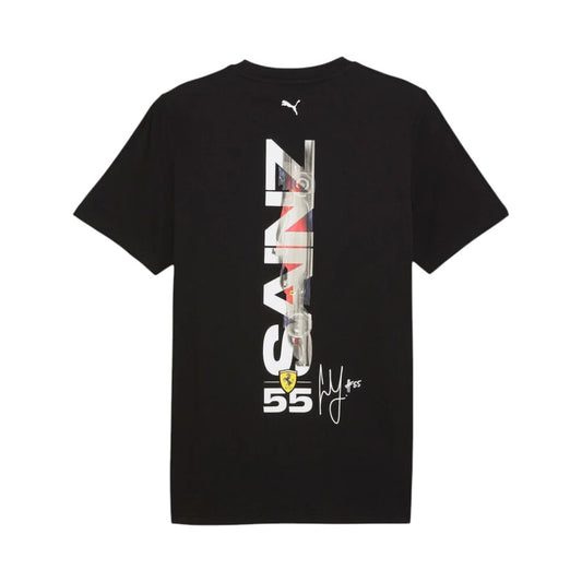Black t-shirt with graphic design and Puma logo on a white background