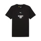 Black t-shirt with logos on a white background