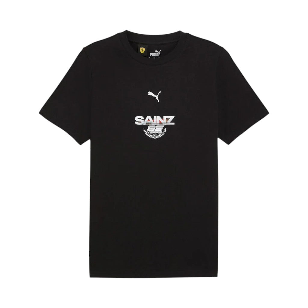 Black t-shirt with logos on a white background