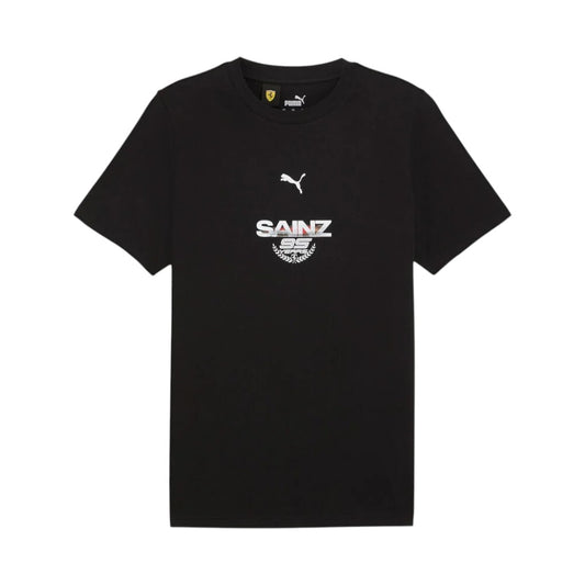 Black t-shirt with logos on a white background