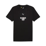 Black t-shirt with logos on a white background