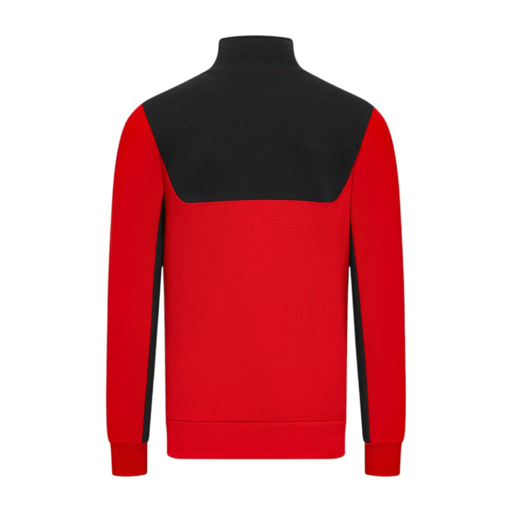 Red and black half-zip sweatshirt on a white background