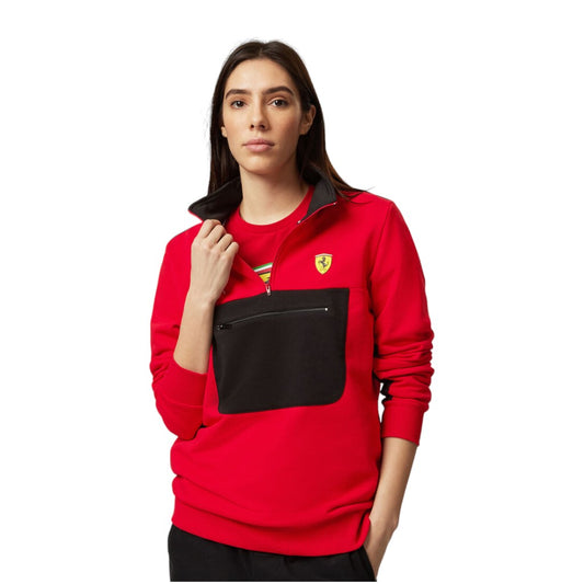 Person wearing a red and black jacket with a logo on a white background