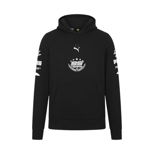 Black hoodie with logos on sleeves and chest against a white background