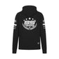 Black hoodie with white branding and text on a white background