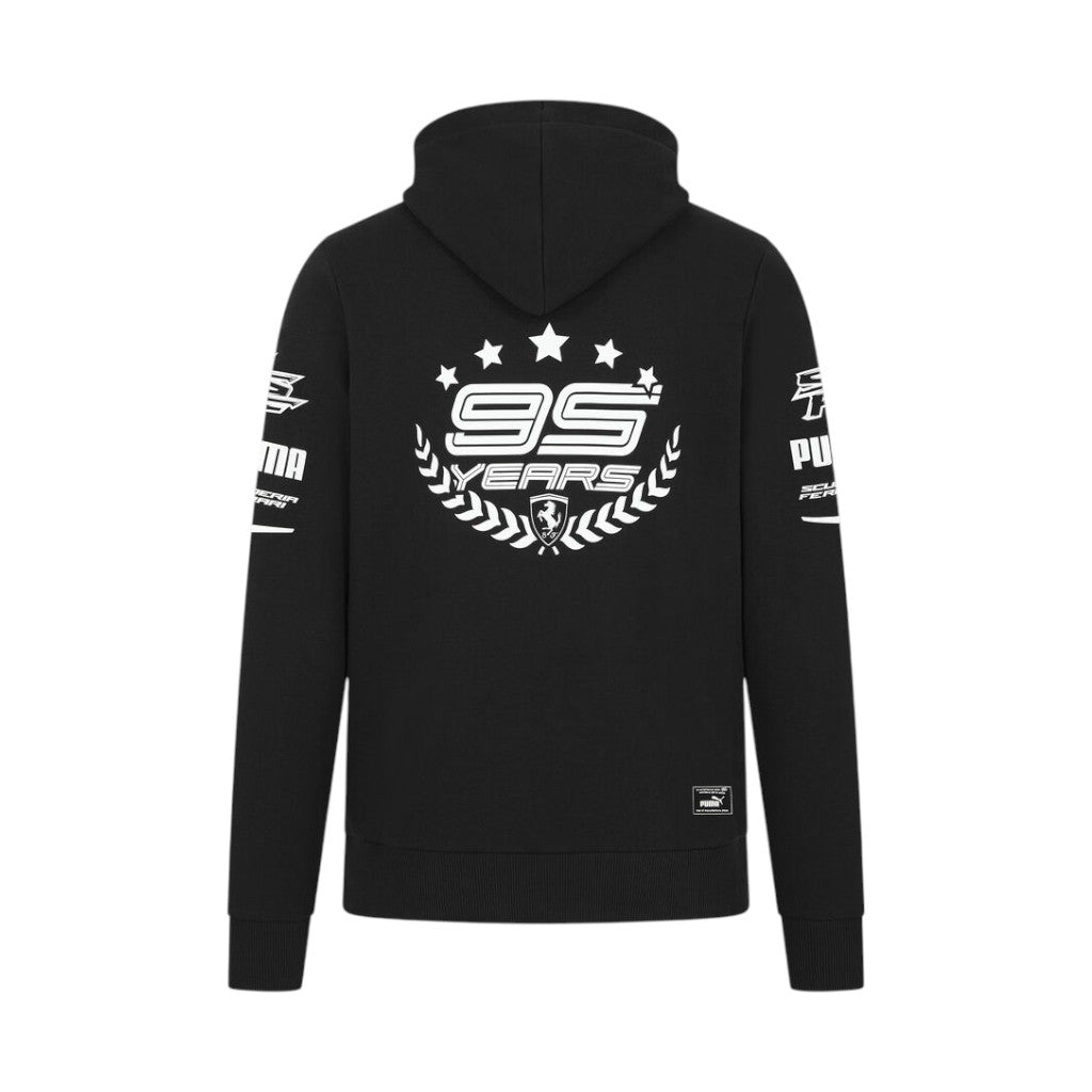 Black hoodie with white branding and text on a white background