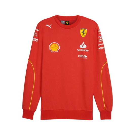 Red sweatshirt with various logos on a white background