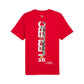 Red t-shirt with a graphic design on the back against a white background
