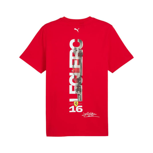 Red t-shirt with a graphic design on the back against a white background