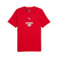 Red t-shirt with logos on a white background