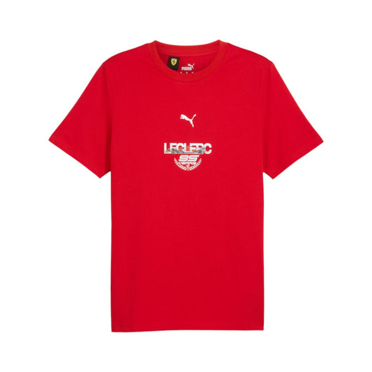 Red t-shirt with logos on a white background