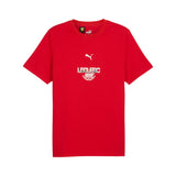 Red t-shirt with logos on a white background