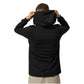 Person wearing a black hoodie from behind on a white background