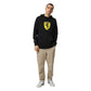 Person wearing a black hoodie with a yellow logo on a white background