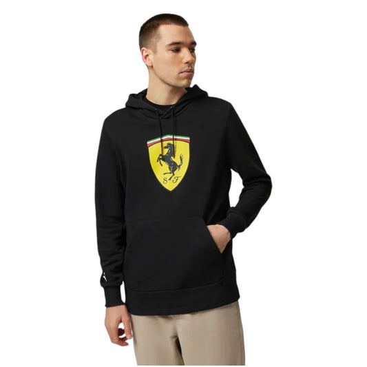 Person wearing a black Ferrari hoodie on a white background