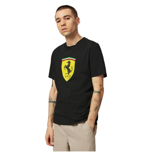Person wearing a black t-shirt with a colorful logo on a white background