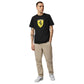 Man wearing a black t-shirt with a logo and beige pants on a white background