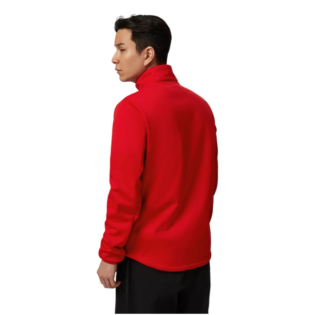 Person wearing a red fleece jacket on a white background