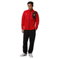 Person wearing a red and black tracksuit with a logo on a white background