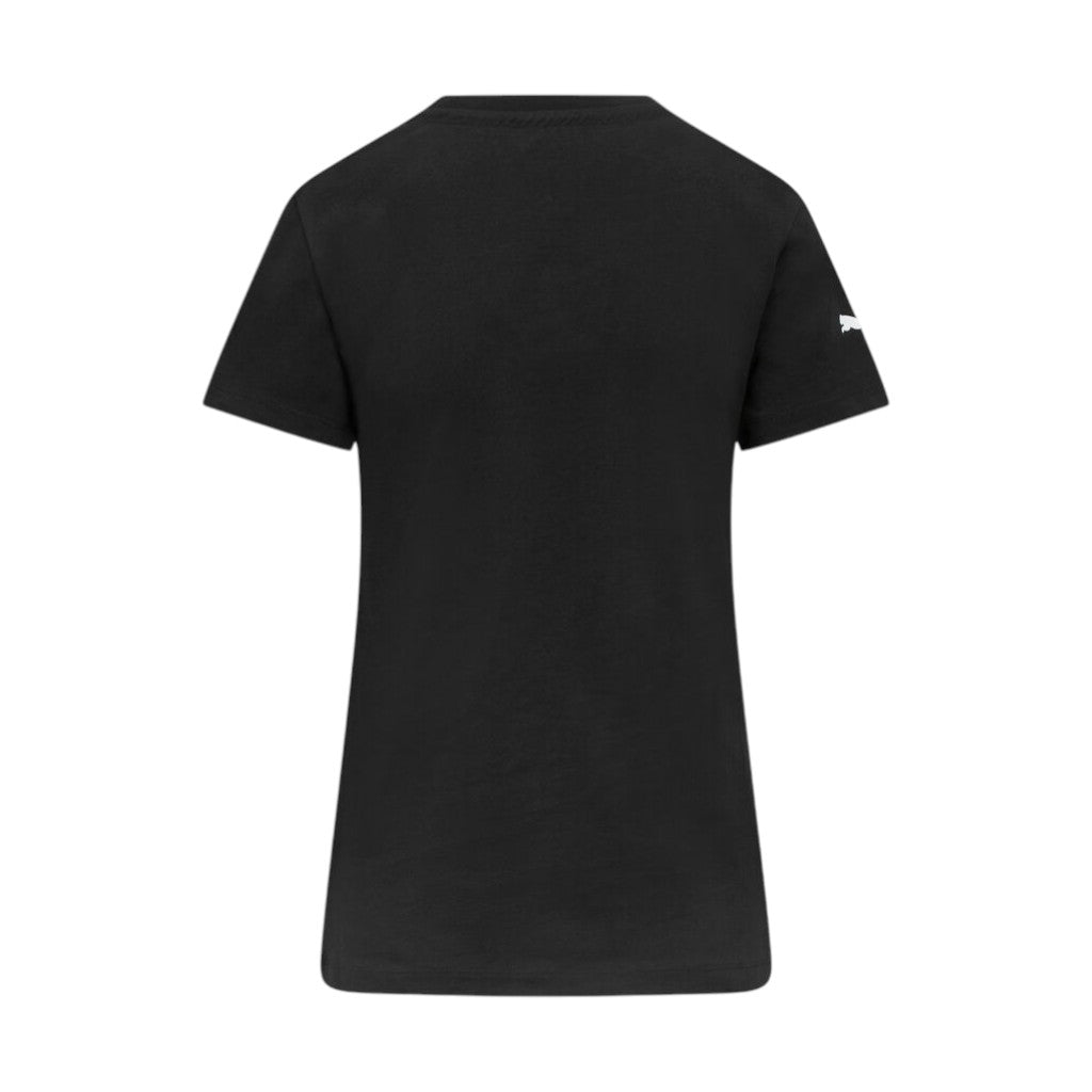 Black t-shirt with a small white logo on the back against a white background