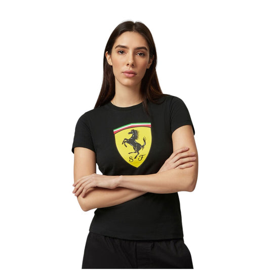 Woman wearing a black t-shirt with a Ferrari logo on a white background