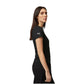 Woman wearing a black Puma t-shirt on a white background