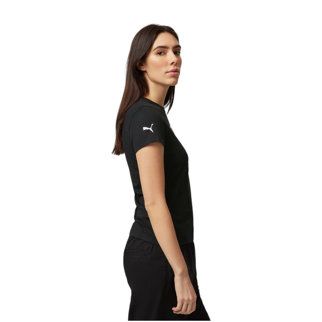 Woman wearing a black Puma t-shirt on a white background