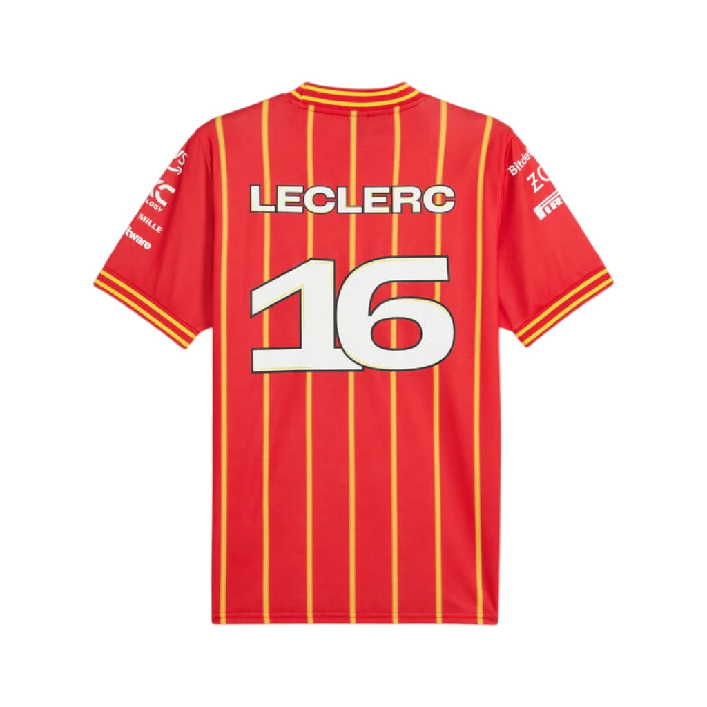 Red sports jersey with yellow stripes, number 16, and 'LECLERC' branding on a white background