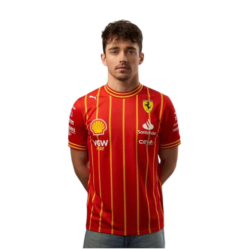 Person wearing a red sports jersey with various sponsor logos on a white background