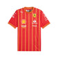 Red sports jersey with various logos on a white background