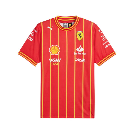 Red sports jersey with various logos on a white background