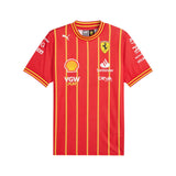 Red sports jersey with various logos on a white background