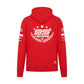 Red hoodie with white branding and text on a white background