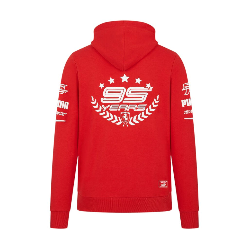 Red hoodie with white branding and text on a white background