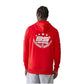 Red hoodie with white logo on the back, worn by a person on a white background