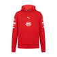 Red hoodie with branding on a white background