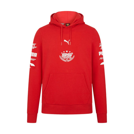 Red hoodie with branding on a white background