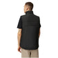 Person wearing a black vest on a white background