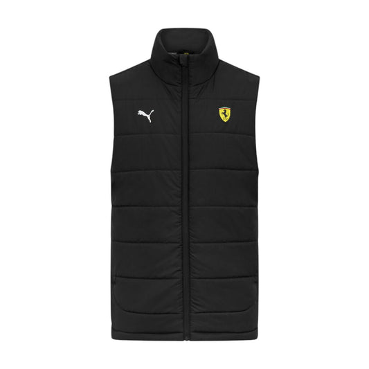 Black puffer vest with Ferrari logo on a white background