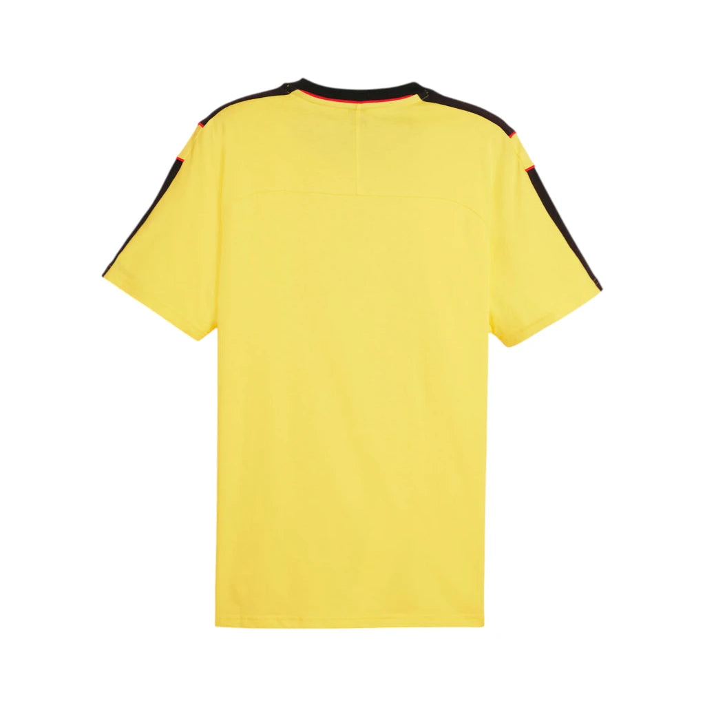 Yellow sports jersey with black and red accents on a white background