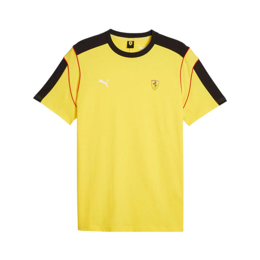 Yellow t-shirt with black sleeves and collar, featuring Puma and Ferrari logos on a white background.