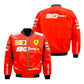 Red racing jacket with various logos on a white background