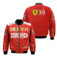 Red racing jacket with various logos on a white background