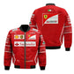Red racing jacket with various logos on a white background