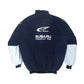 Black jacket with a logo on the back against a white background