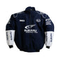 Navy blue jacket with Subaru World Rally Team branding on a white background