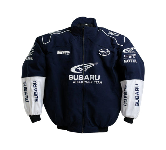 Navy blue jacket with Subaru World Rally Team branding on a white background