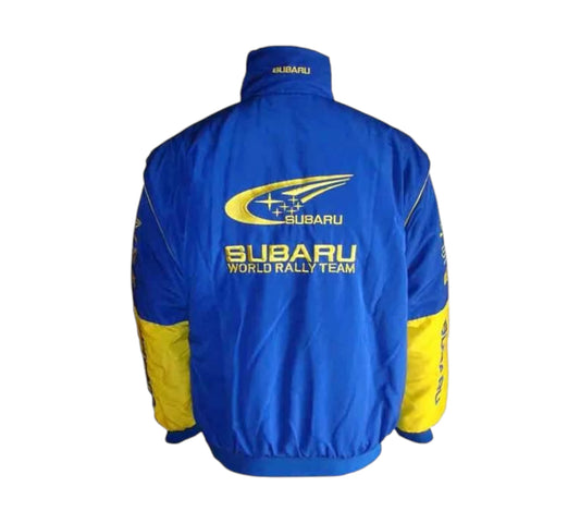 Blue jacket with Subaru World Rally Team logo on a white background