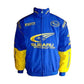Blue jacket with various logos on a white background