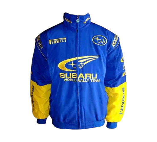 Blue jacket with various logos on a white background